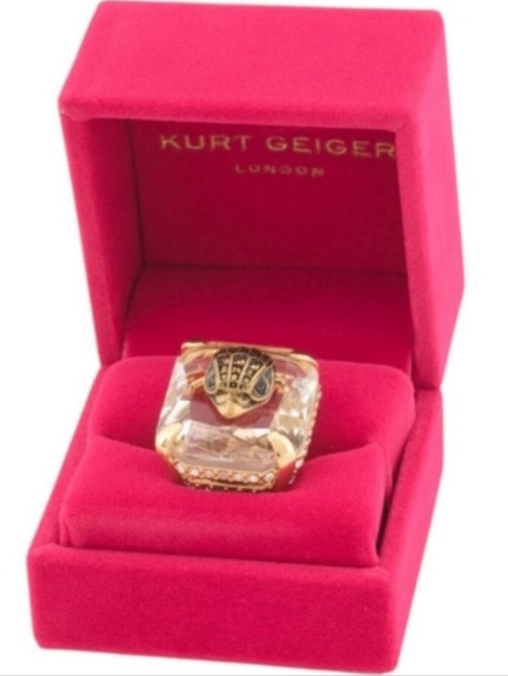 Kurt Geiger Gold-Tone Clear Crystal Cocktail Ring Size 9 Rt Eh